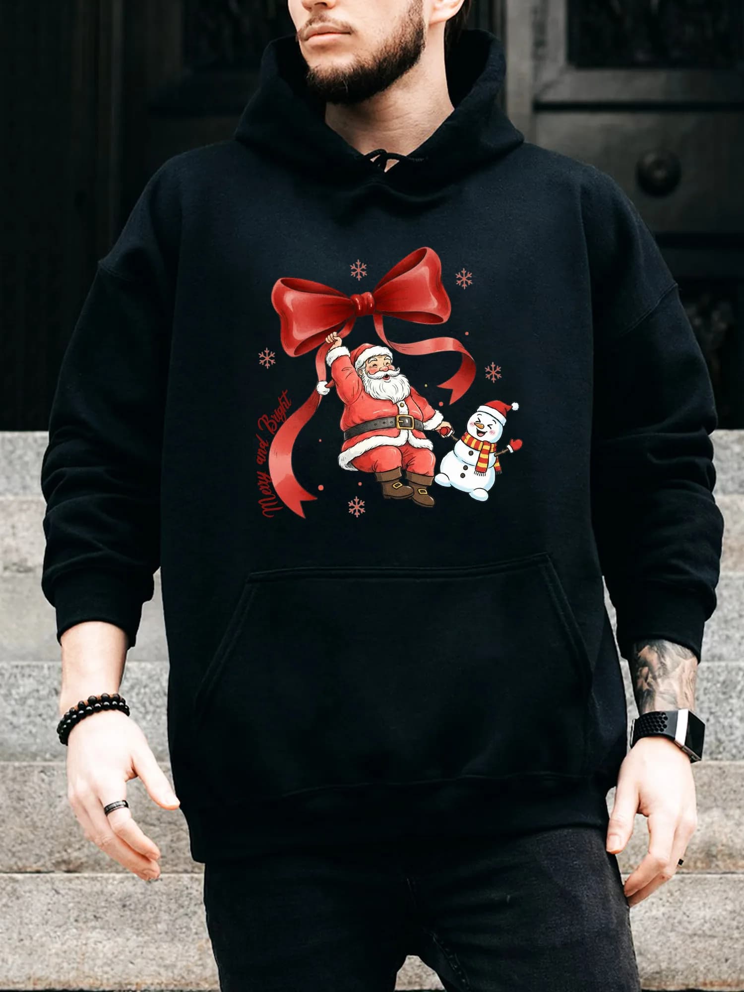 Felpa con cappuccio da uomo con coulisse con fiocco di Babbo Natale - Pullover nero casual e confortevole, felpa con cappuccio autunno e inverno