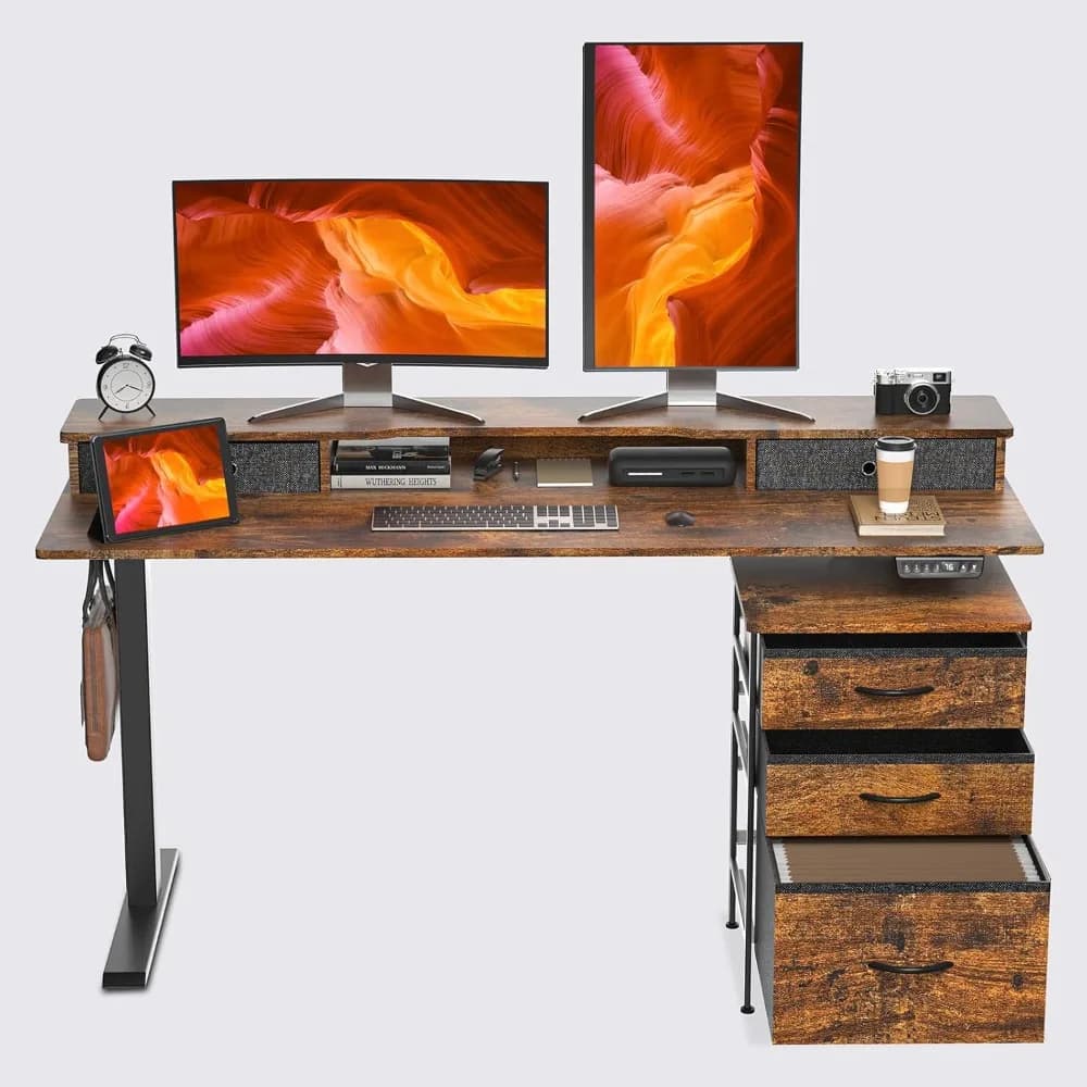 63 inch electric desk with cabinet and drawers, desk with adjustable height support with monitor shelf, Smart Home Office St