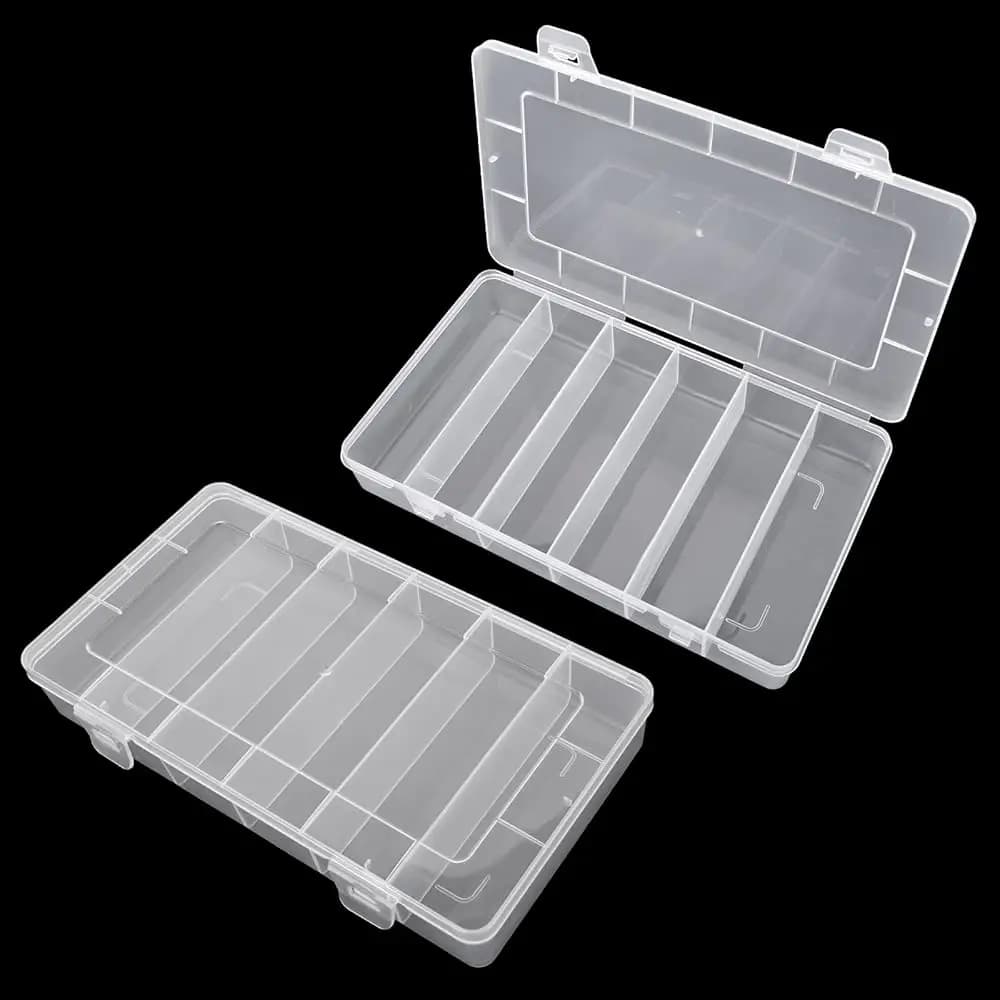 Set di 2 Organizzatori per Scatole da Pesca con 6 Scomparti, Contenitore Trasparente in Plastica per Attrezzatura da Pesca, Scatola Portaoggetti, Organizzatore per Esche e Lure