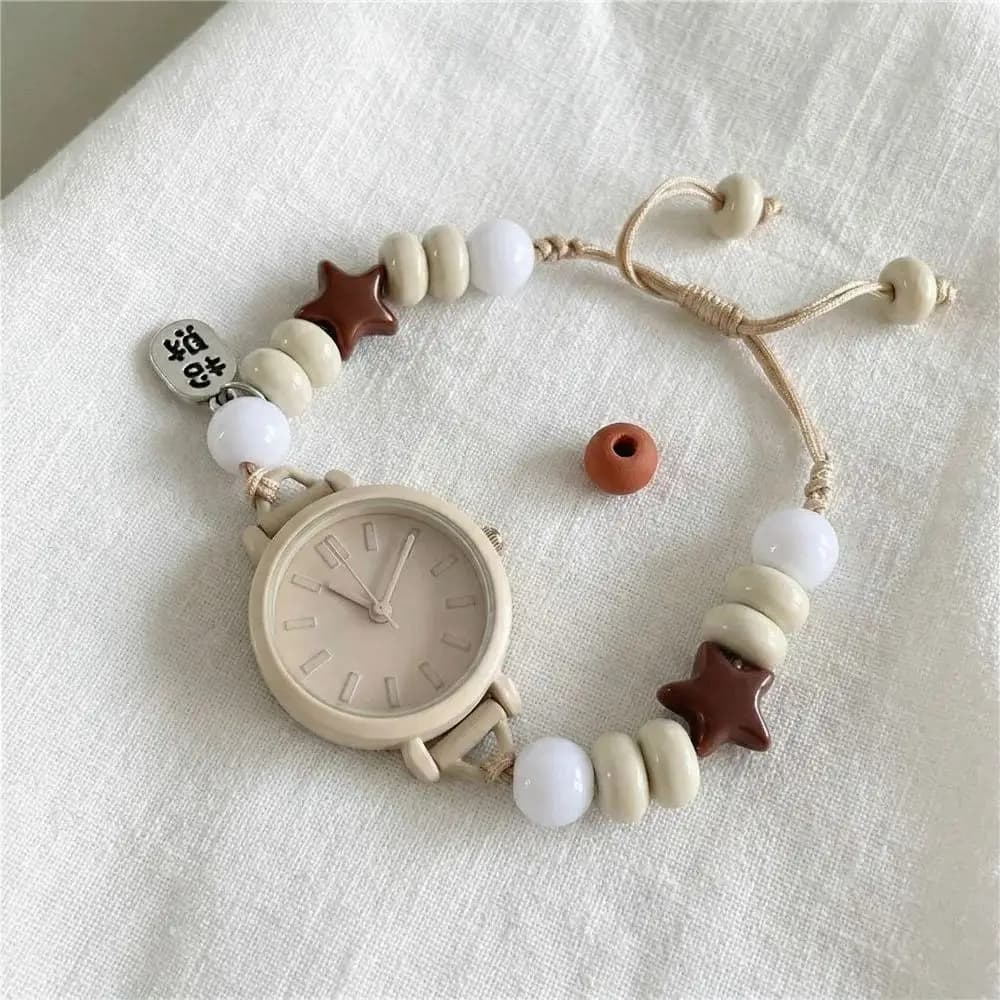 Orologio da Polso Artigianale con Perline Dopamine, Bracciale a Catena Intrecciata con Stella, Vintage in Lega Regolabile, Regalo