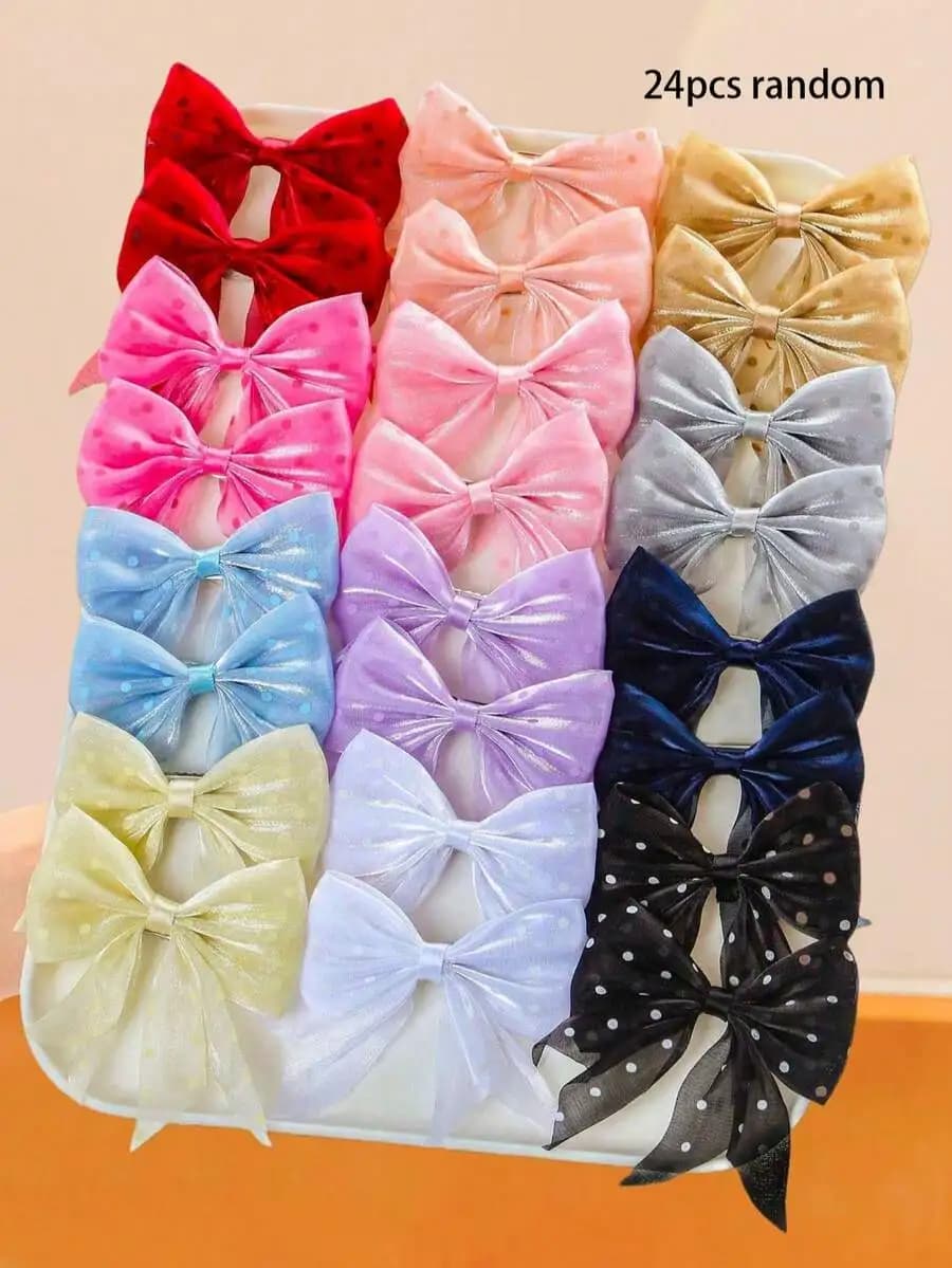 24pcs Random Velvet Bow Hair Clips For Women, Multi Colors With Polka Dots And Shimmer Finish