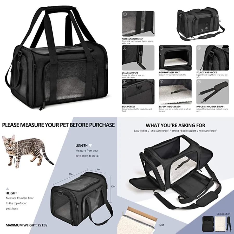 Trasportino Morbido e Pieghevole per Gatti e Cuccioli fino a 11 kg - Borsa da Viaggio Impermeabile