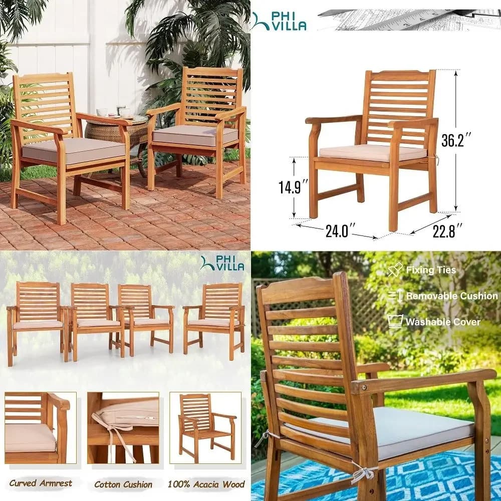 2 Pieces Acacia Wood Outdoor Dining Chairs with Cushions, Patio Oil Finished Wooden Armchairs Set of 2, Natural Teak Dining Cha