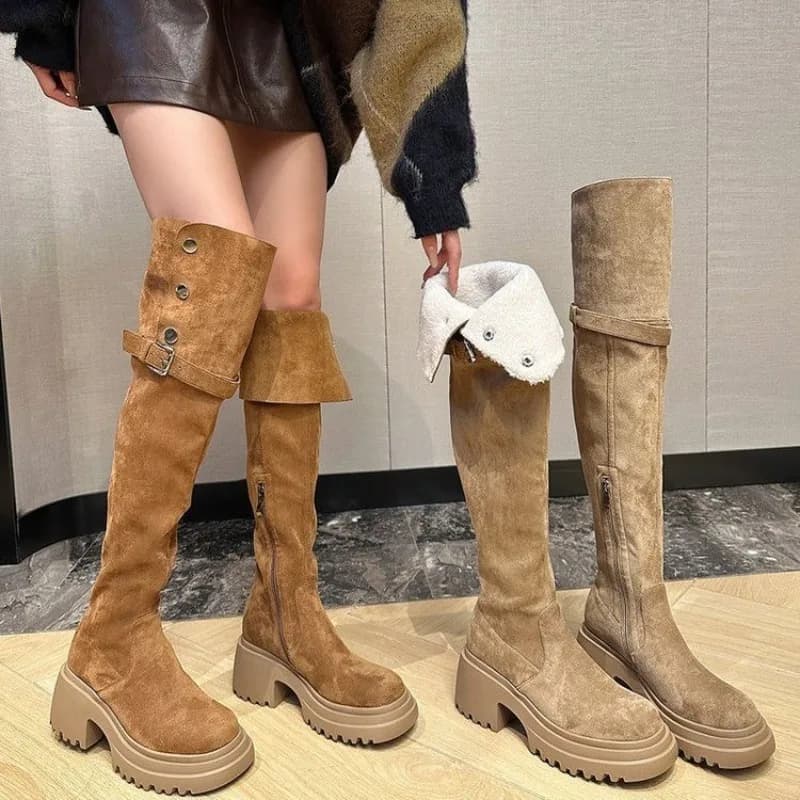 2026 New Belt Buckle Strap Round Toe Mid Heel Women's Over The Knee Boots Fashion Retro Solid Color Comfort Zipper Women Shoes