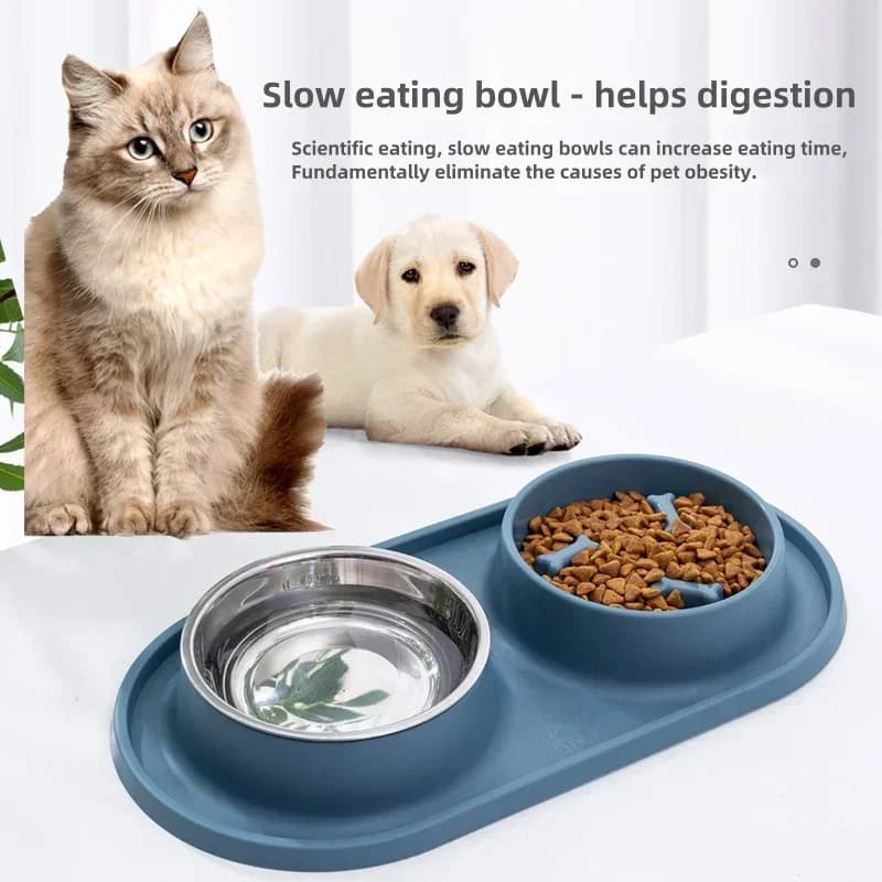 Ciotola doppia per cani con tappetino in silicone Alimentatore per acqua per alimenti per animali domestici per gatti Ciotole per bere Ciotola per cani antisoffocamento in acciaio inossidabile antiscivolo