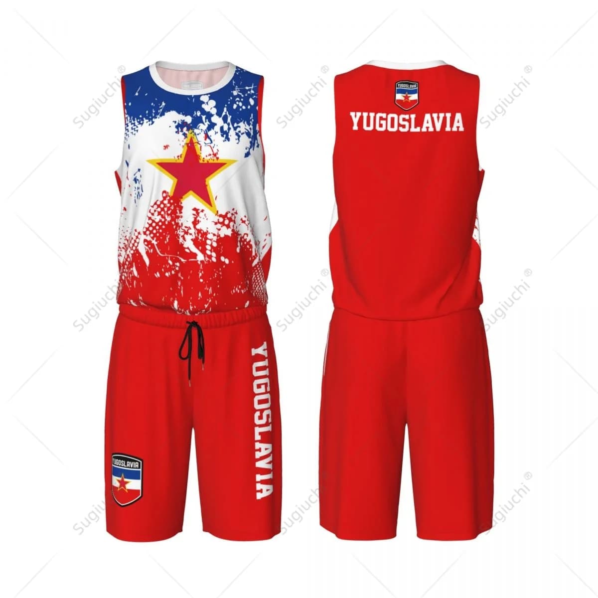 Set da basket da uomo con bandiera della Jugoslavia, camicia e pantaloni senza maniche