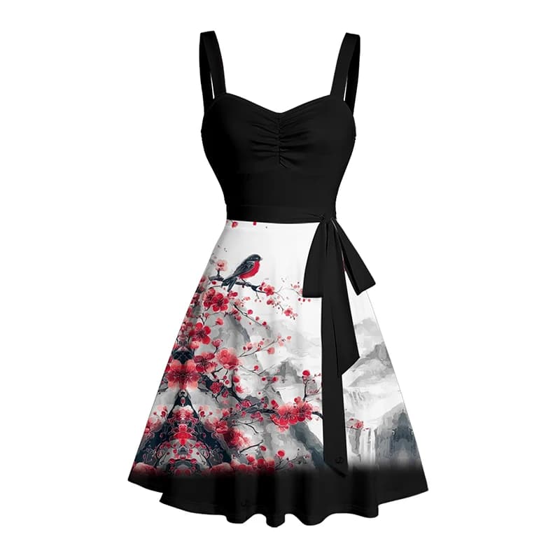 Dressfo Abito da donna Pittura a inchiostro Fiore di pesco Uccello Modello di montagna Busto increspato Cintura Vacanza Collo a cuore Abito a linea