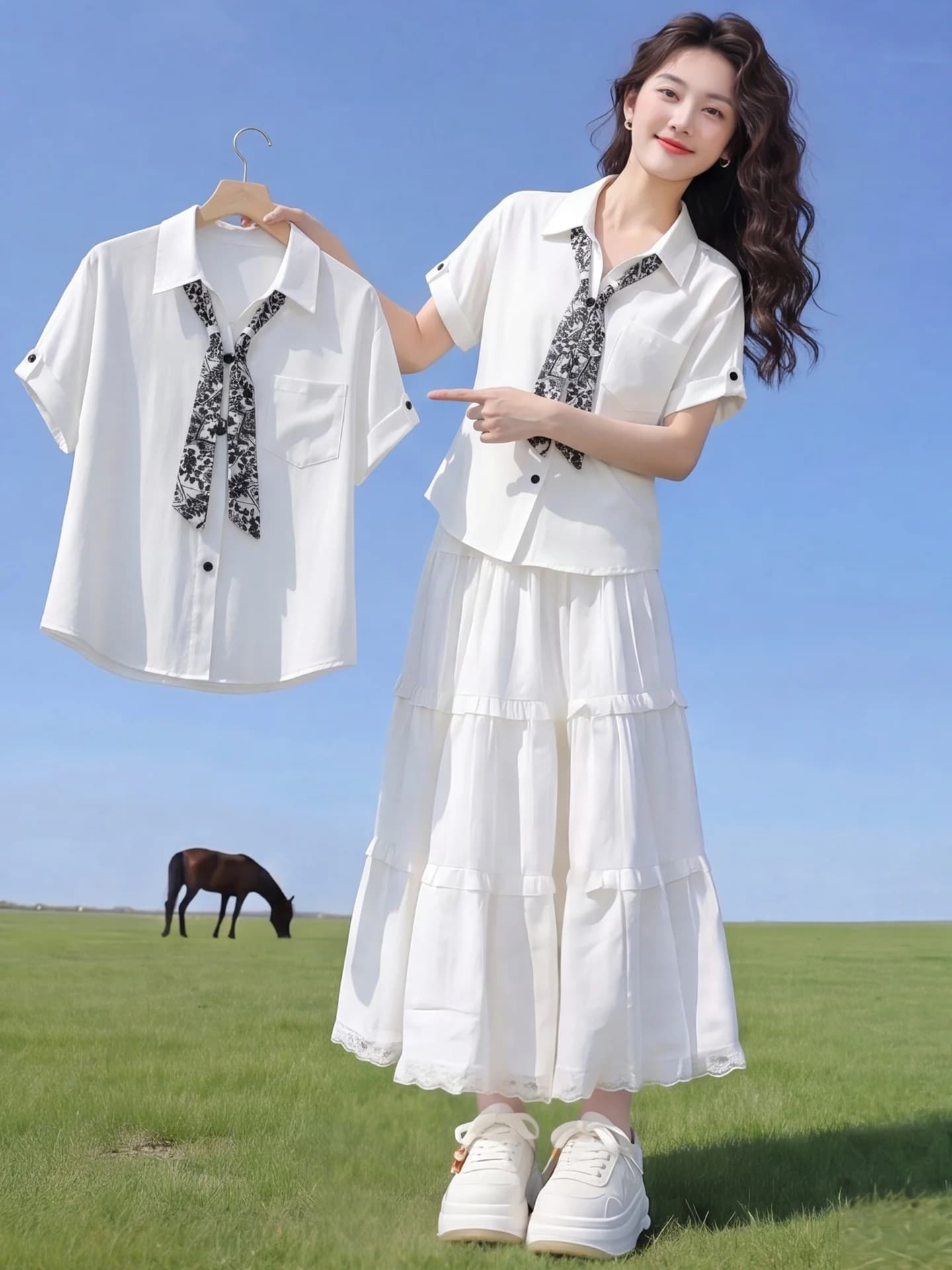 White Neck Shirt Women's Summer Short Sleeve Printed Silk Scarf Commute Style Korean Loose Fit Breathable Thin Fabric