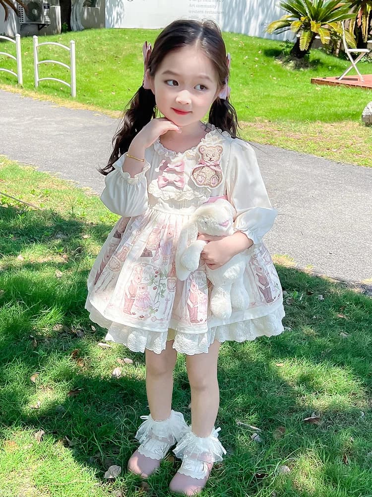 Vestito Lolita Bear per Bambine, Gonna Principessa Primaverile e Autunnale, Abito Stile Baby Doll con Gonna Voluminosa, Maniche Lunghe e Collo Tondo, Vestito a Linea A