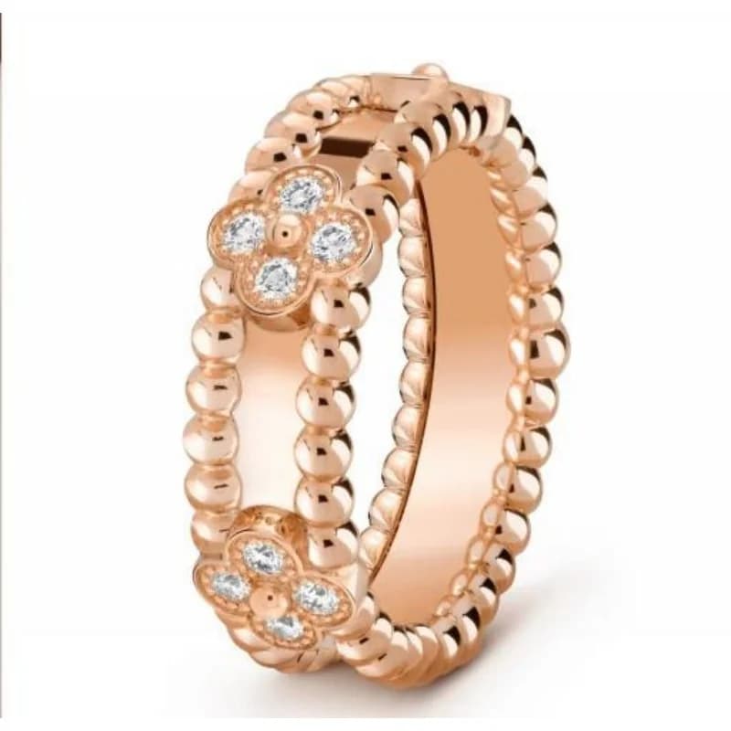 Rose Gold Plated Double Beaded Band Ring with Four-Leaf Clover CZ Pave Design