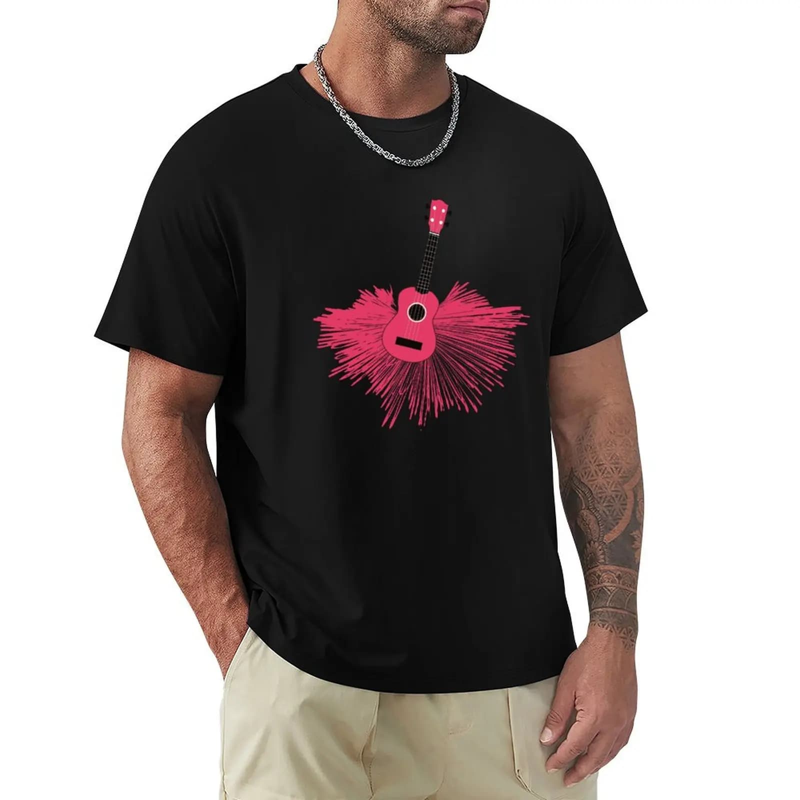 Ukulele con un'esplosione di colori in rosa T-shirt in cotone basic anti-restringimento
