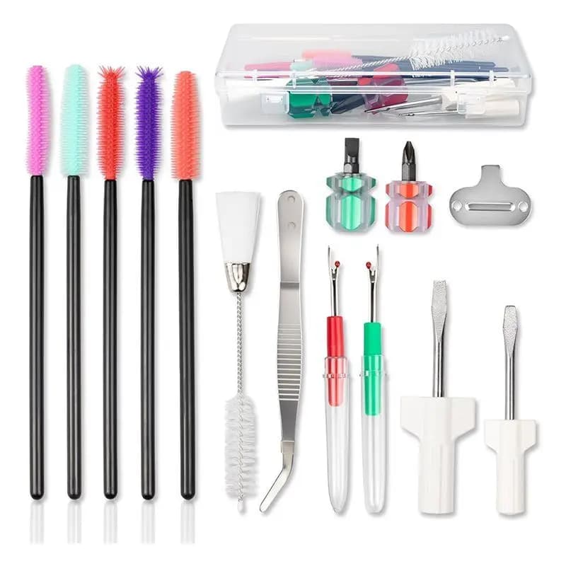 Kit di manutenzione per macchina da cucire A24F-15PCS: cacciaviti, pinzette, spazzole, raschietti e custodia