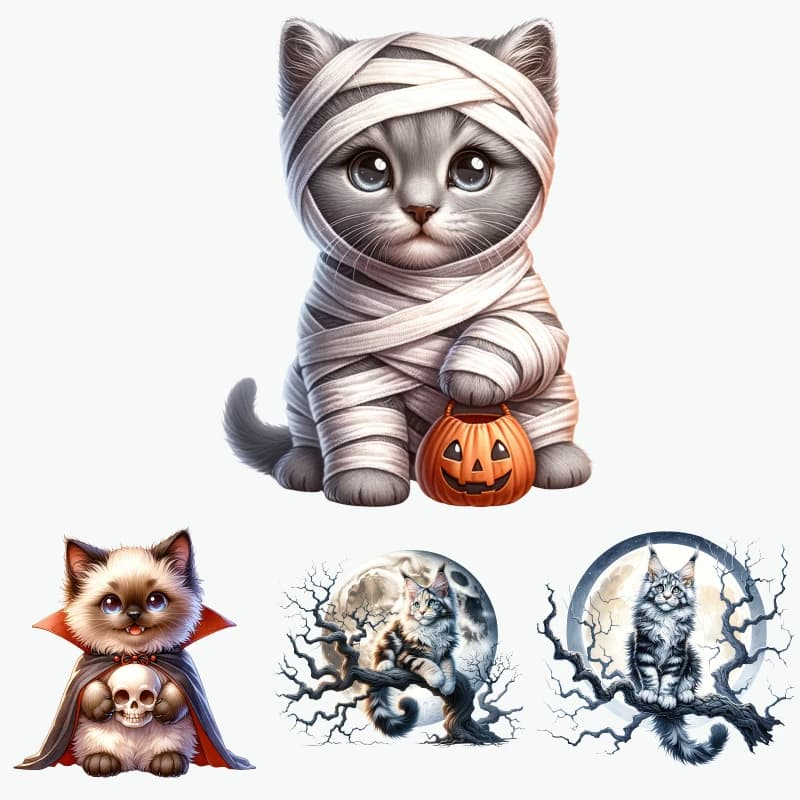 Set di costumi di Halloween per gatti, graziosi e adorabili, con stampa grigia e bianca di mumia, vampiro, zucca, luna e albero, per decorazioni e regali per feste