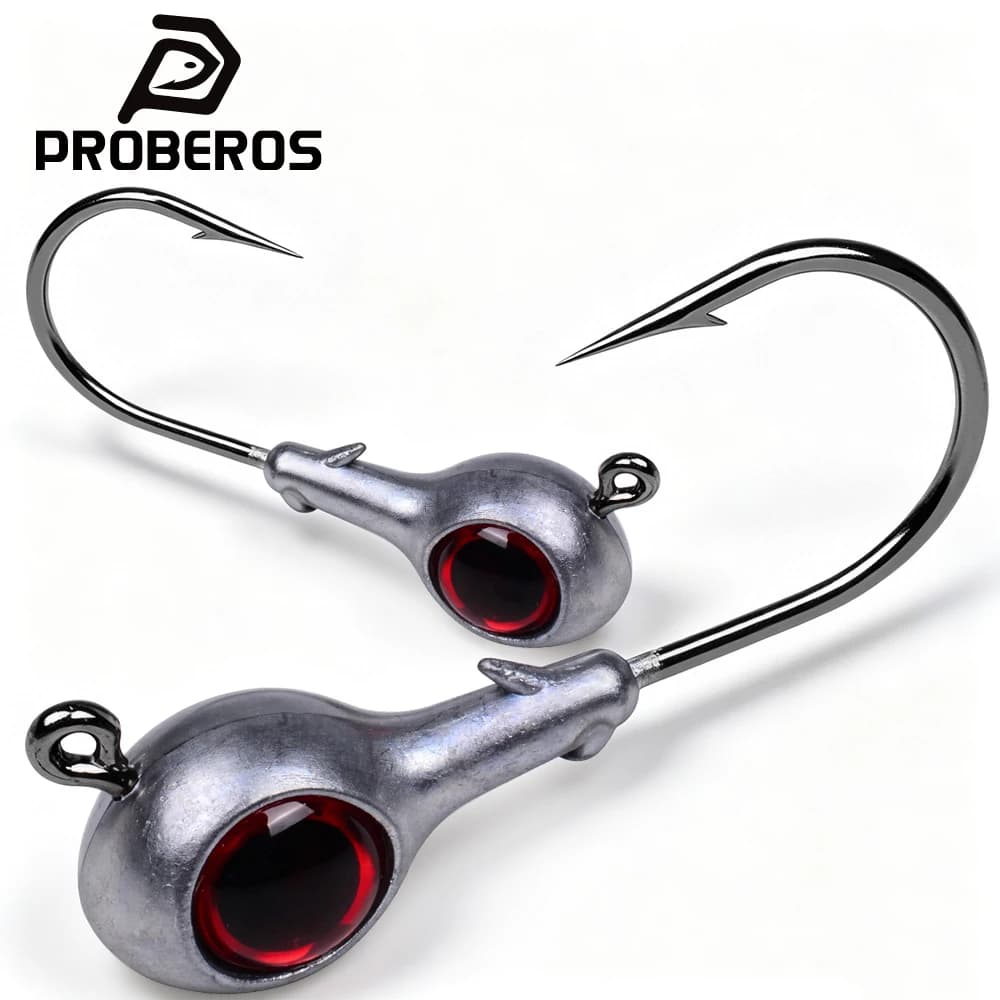PROBEROS 10Pcs/Box Simulation Red Eye Ball Jig Lead Head Hooks Single Barbed Fishing Hooks Soft Plastic Bait Bass Fishing Tackle