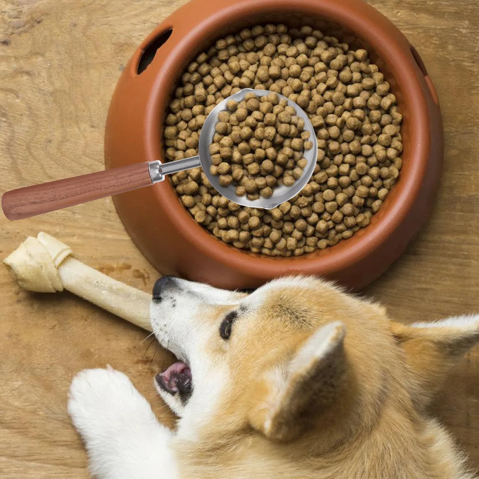 Cucchiaio per Cibo per Animali in Acciaio Inossidabile Resistente con Manico in Legno Massiccio, Design a Manico Lungo per Facile Accesso alle Ciotole per Cani e Gatti