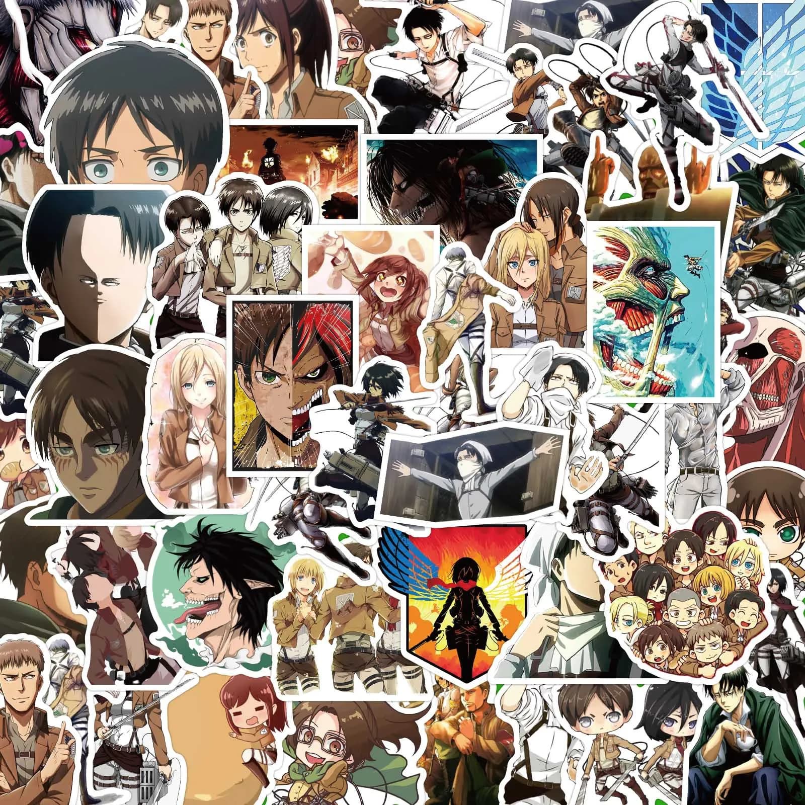 Set da 50 Pezzi di Adesivi Anime Attack On Titan con Eren Jaeger e Mikasa Ackerman, Accessori Fai-da-Te per Laptop e Valigie, Regalo