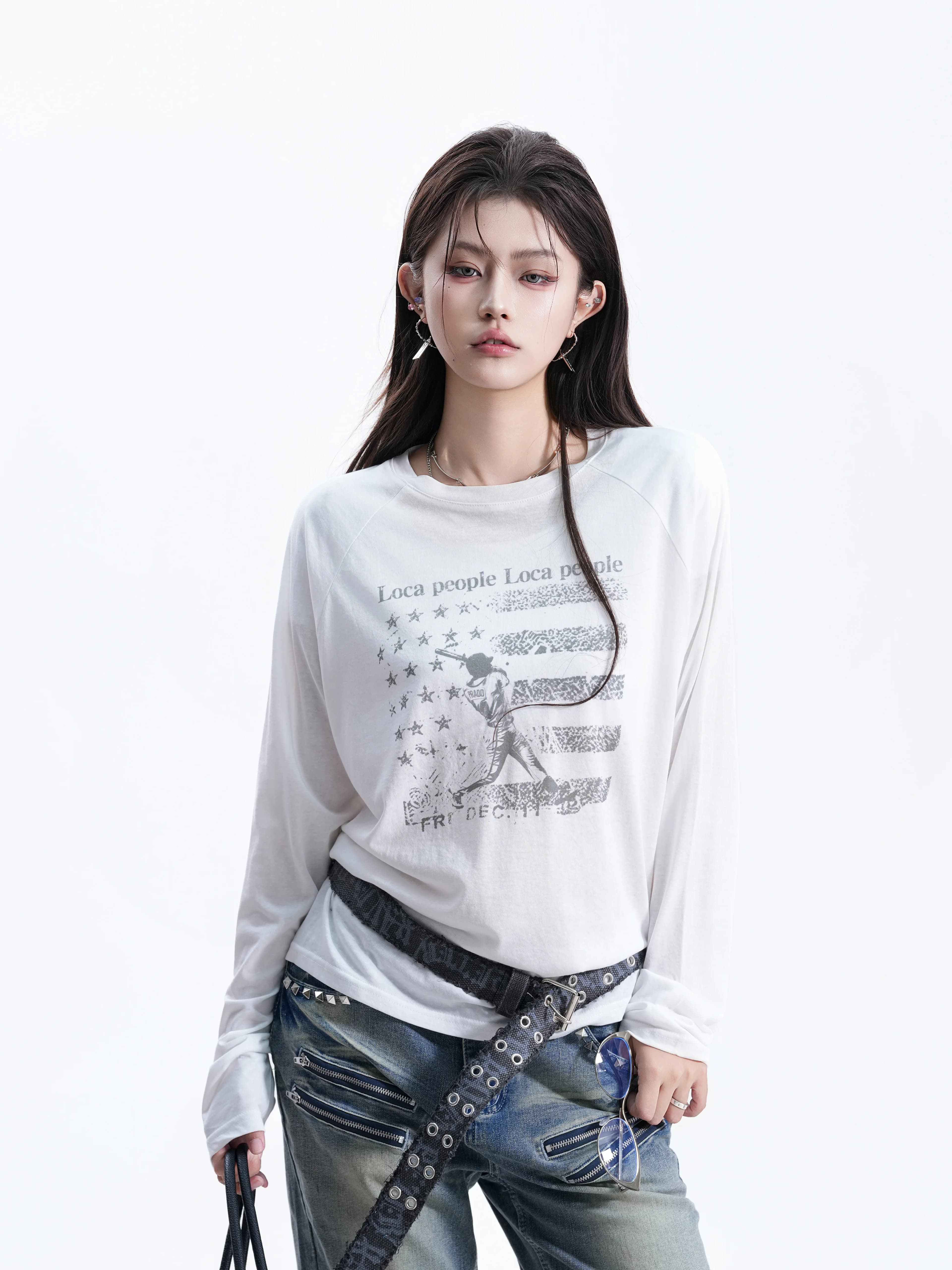 Sun Protection Loose Fit Shoulder Insert Long Sleeve Baseball Print T-Shirt Casual Neutral Style Cotton Polyester Blend Tee