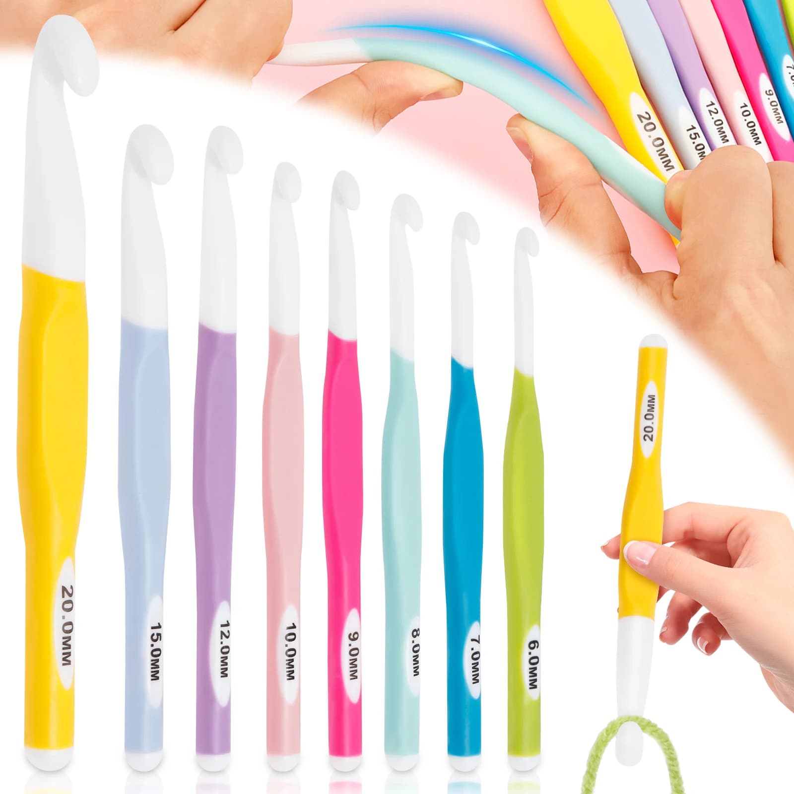 Set di 8 Grandi Uncinetti Ergonomici in Plastica con Impugnatura Antiscivolo in Gomma per Filati Spessi