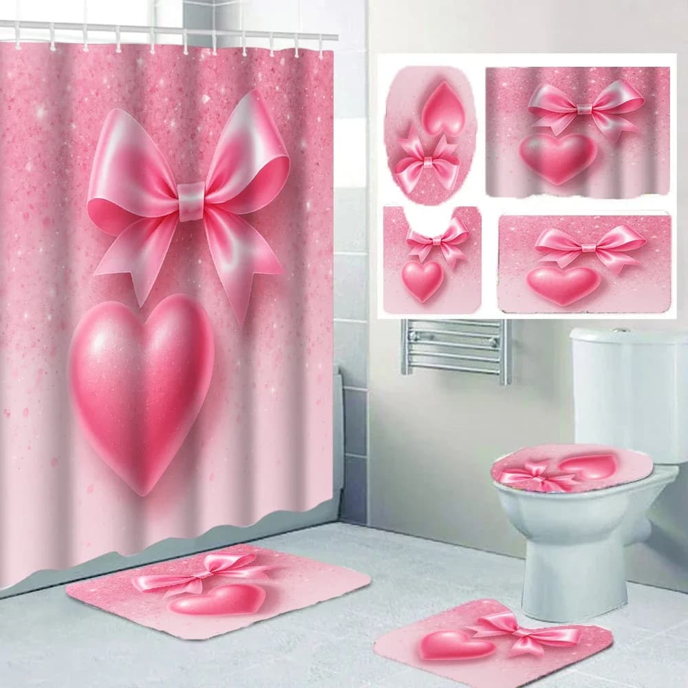 4pcs Bow Love Shower Curtain Set, including Toilet Seat Decoration, Carpet, and Toilet Cover, Size 70.8x70.8 inches