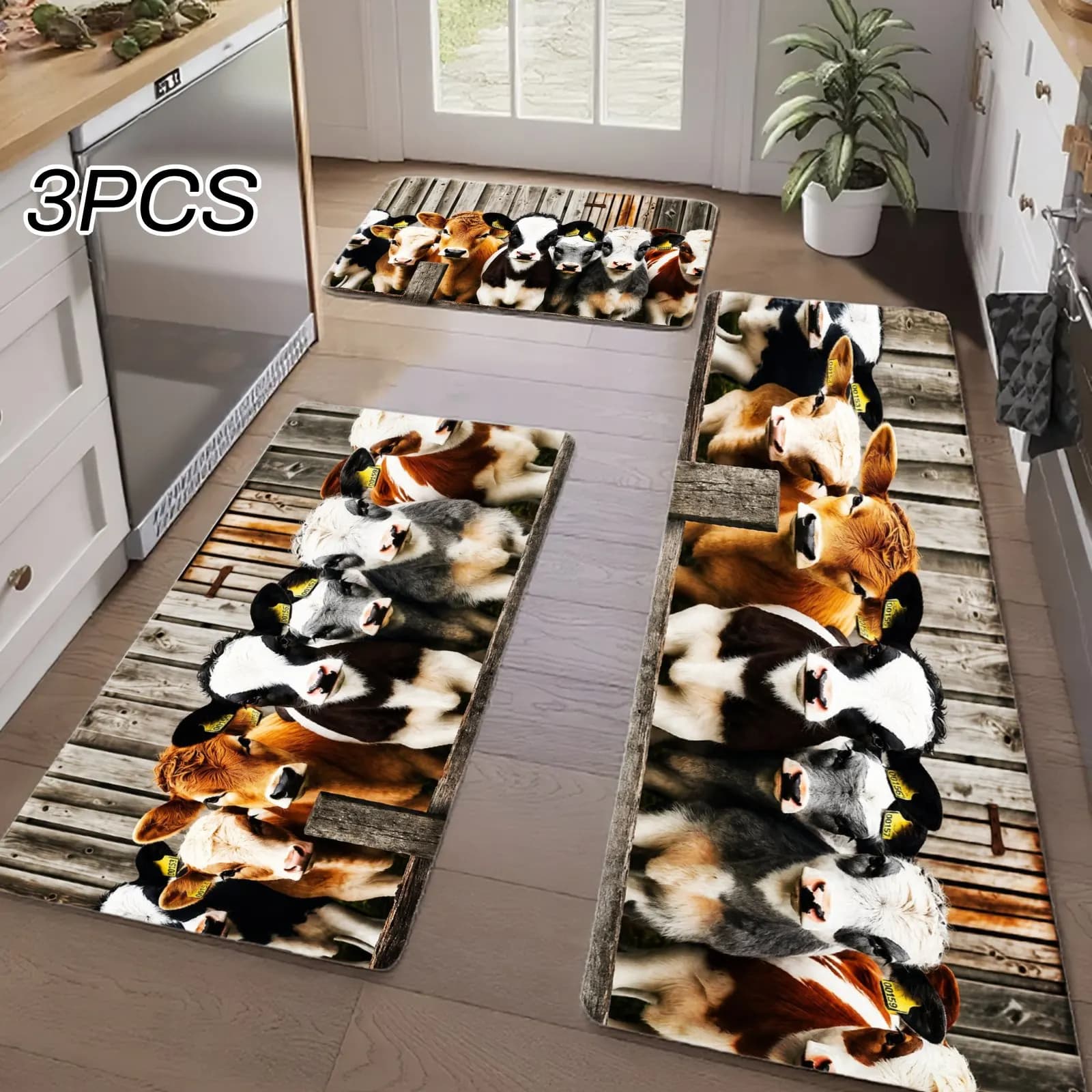 3PCS Kitchen Rugs,Home Decoration for Front Door, Kitchen, Bathroom, Cows Standing In Barn Pattern Print Dining Mat