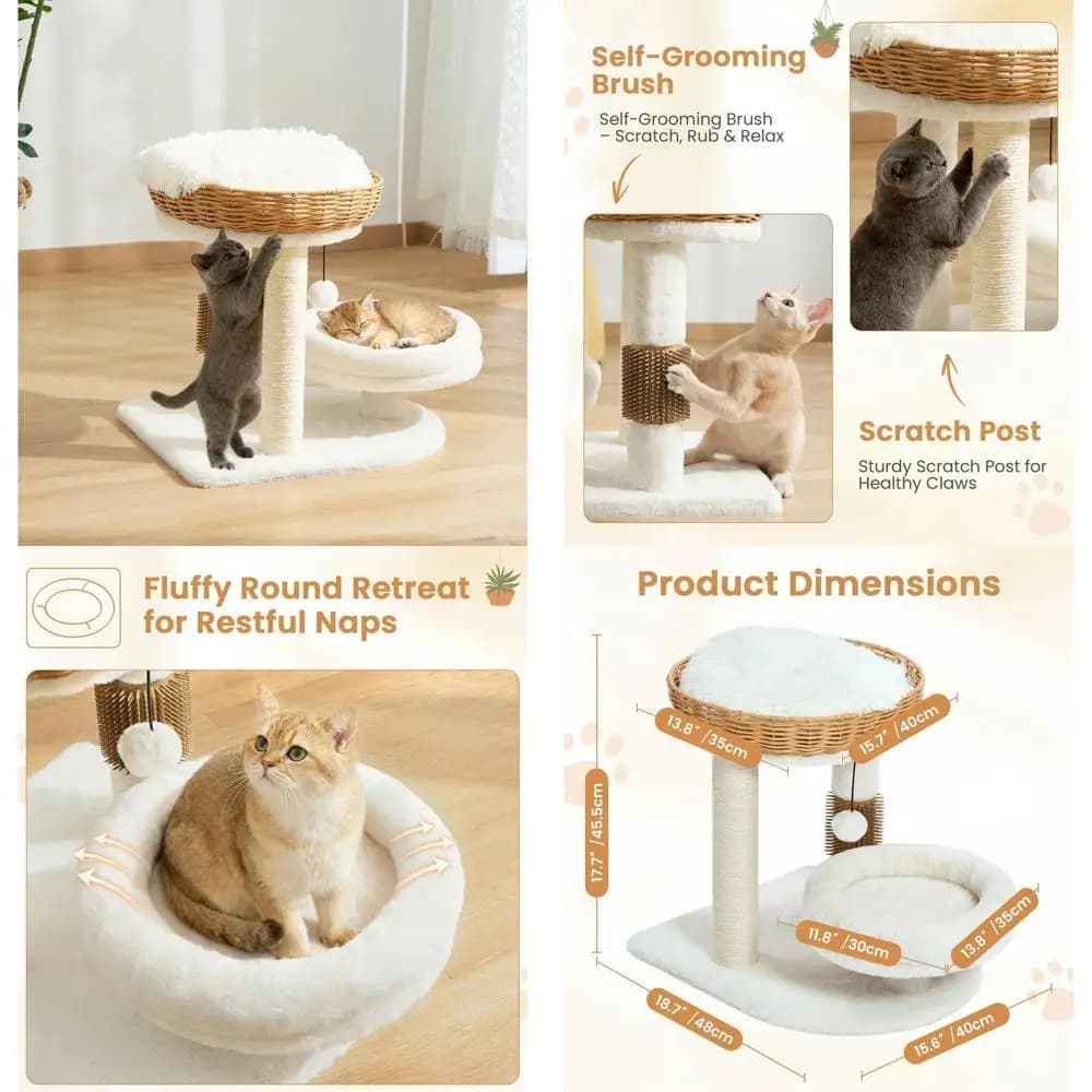 Torre per Gatti Compatta in Rattan con Tiragraffi, Cuccia per Gattini, Giocattolo con Palla di Peluche e Spazzola Auto-Pulente