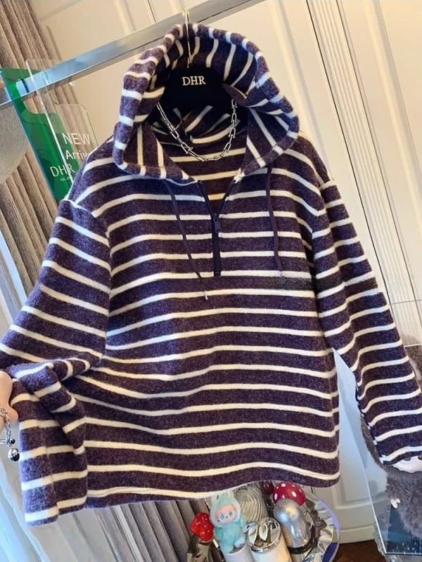 ex Oversized Hoodie Striped f Zip up Sweatirt Casual Loose Fit Autumn Winter Streetwear Korean Sle Warm Thiened