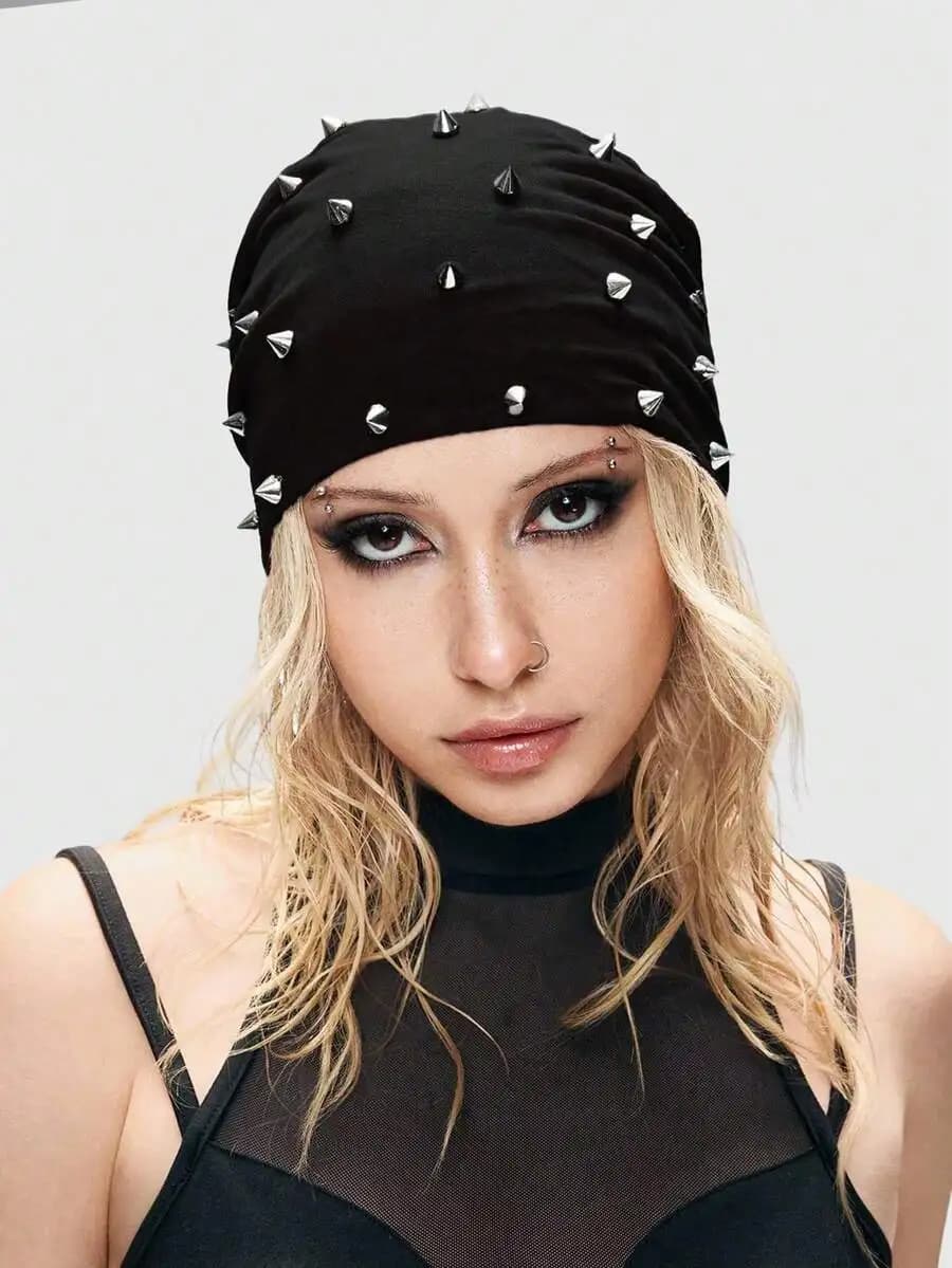 Punk Style Lightweight Rivet Decorated Beanie Solid Black Fold-Over Hat Y2K Grunge Fashion All Season
