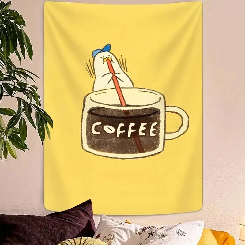 VIKAMA Funny Duck Coffee Tapestry Wall Art for Bedroom, Living Room, Dorm, Minimalist Yellow & Cute Animal Room Decor