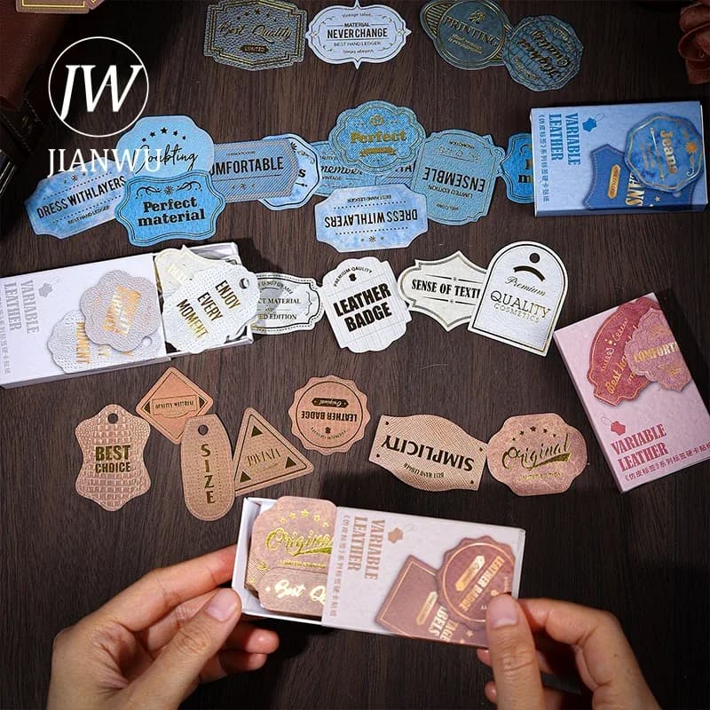 JIANWU Imitation Leather Label Series Vintage English Text Landscape Material Collage Sticker Creative DIY Journal Stationery