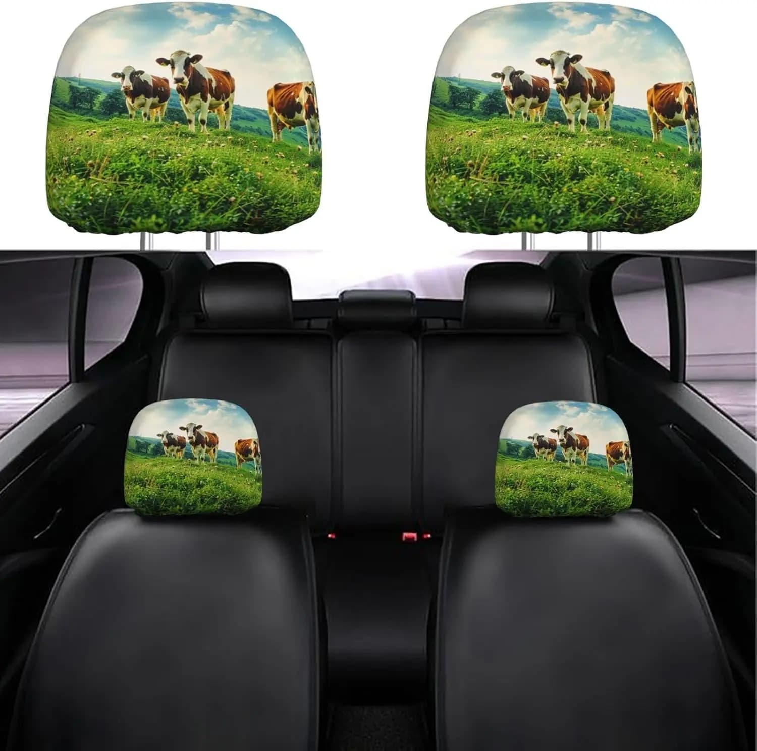 Set of 2 Covers Car headrest with Motive Prairie and Cows, Covers Universal Soft Headrest Protective for Seats Car, Vehicle Accessories