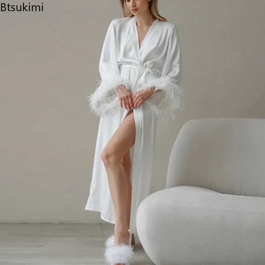 Sexy Kimono in Feather 2026, Long Satin Vigil, Night Dress in Silk Satin for Farewell to the Nubilate
