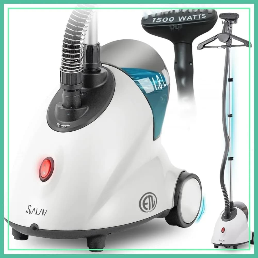 Vaporizzatore per Vestiti da 1500W con Serbatoio da 1,8L, 60 Minuti di Vapore Continuo, Asta Regolabile e Ruote, Bianco