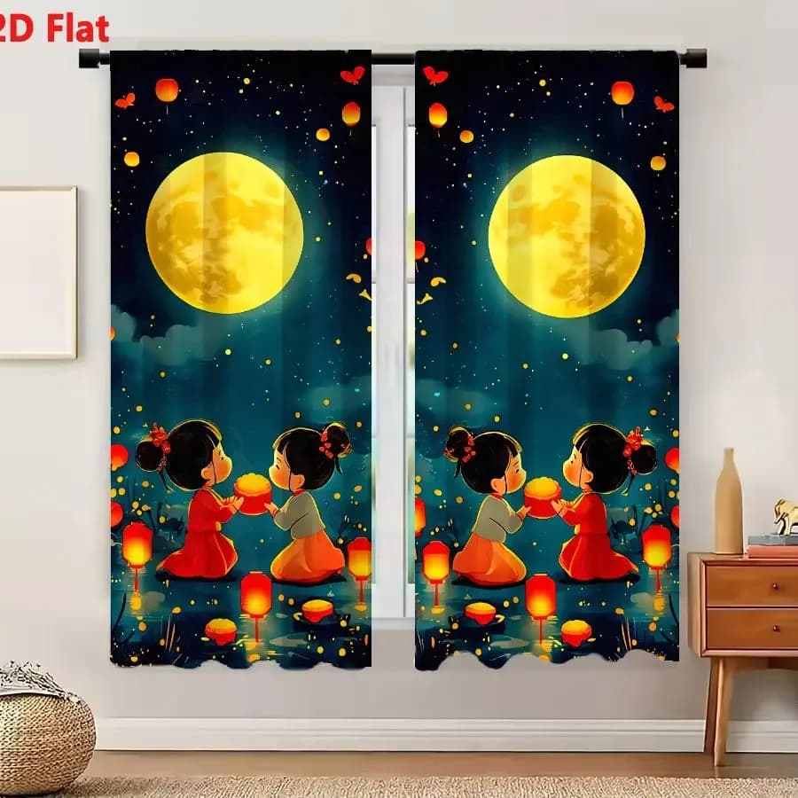 2Pcs Curtains 2D Flat Four Girls In Traditional Clothing Gazing At Glowing Moons With Lanterns And Birds Window Drapes for Bedro