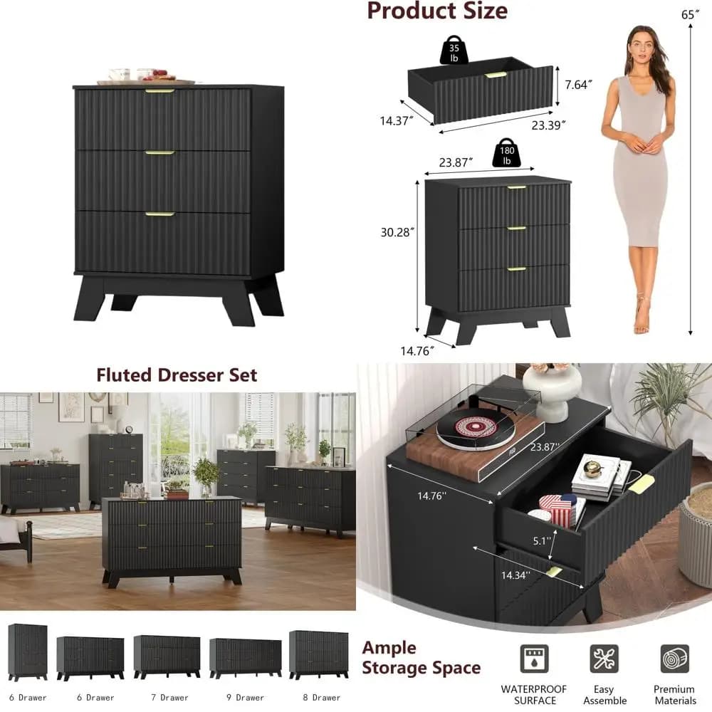 Comodino a 3 cassetti, tavolino con maniglia curva larga 24 pollici, piccolo cassetto in legno scanalato, tavolino da letto, cassettiera per camera da letto, Livi