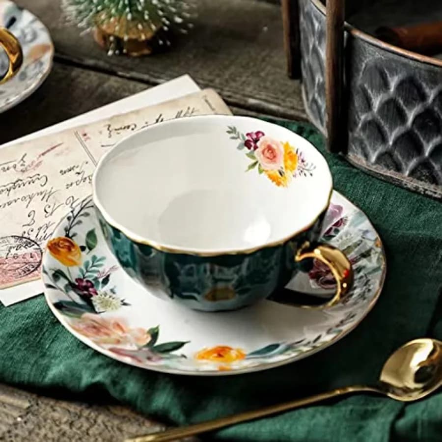 Green Tea Cup and Saucer, Mothers Day Gift Porcelain Coffee Cup Tea Cups and Saucers Royal Ceramic Floral Lined Teacup with Gol