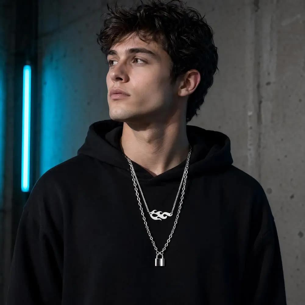 Gothic Flame Lock Pendant Necklace Hip Hop Layered Chain Streetwear Jewelry for Men Women Party Rave Rappers Trendy Accessory