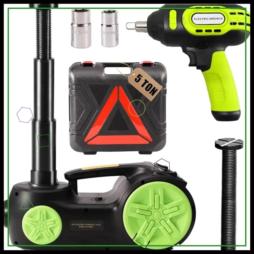 Kit Martinetto Idraulico Elettrico da 5 Tonnellate 12V con Avvitatore a Impulsi, Gonfiatore Pneumatici, Luce LED per Riparazione SUV, Berlina e Camion