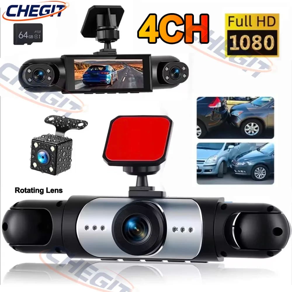 Dash Cam HD 1080P to 3/4 Channels with 4 Cameras, Monitoring Parking 24H, Video Recorder DVR for Cars, Night Vision, Camera Posterior Added, Black Box
