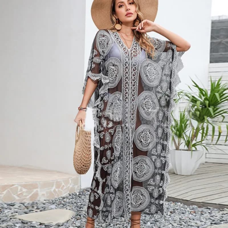 Women's Summer Dress New Mesh Embroidered Sexy Beach Sun Protection Midi Skirt Bikini Blouse Swimsuit Exterior Vestidos Robe