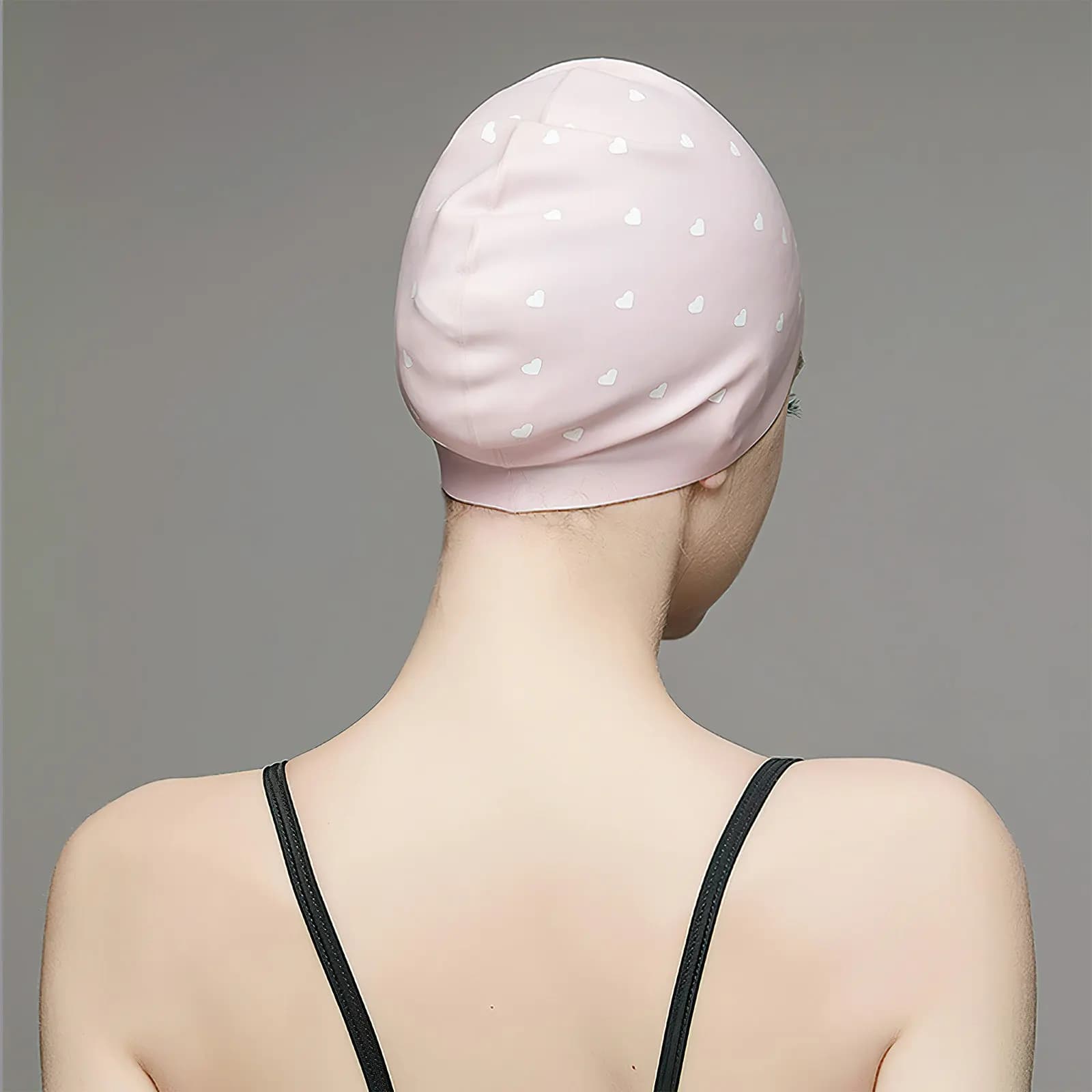 Cuffia da Nuoto in Silicone con Motivo a Cuori, Impermeabile, Rosa, Elastica, Protezione per Capelli Lunghi, Morbida e Confortevole