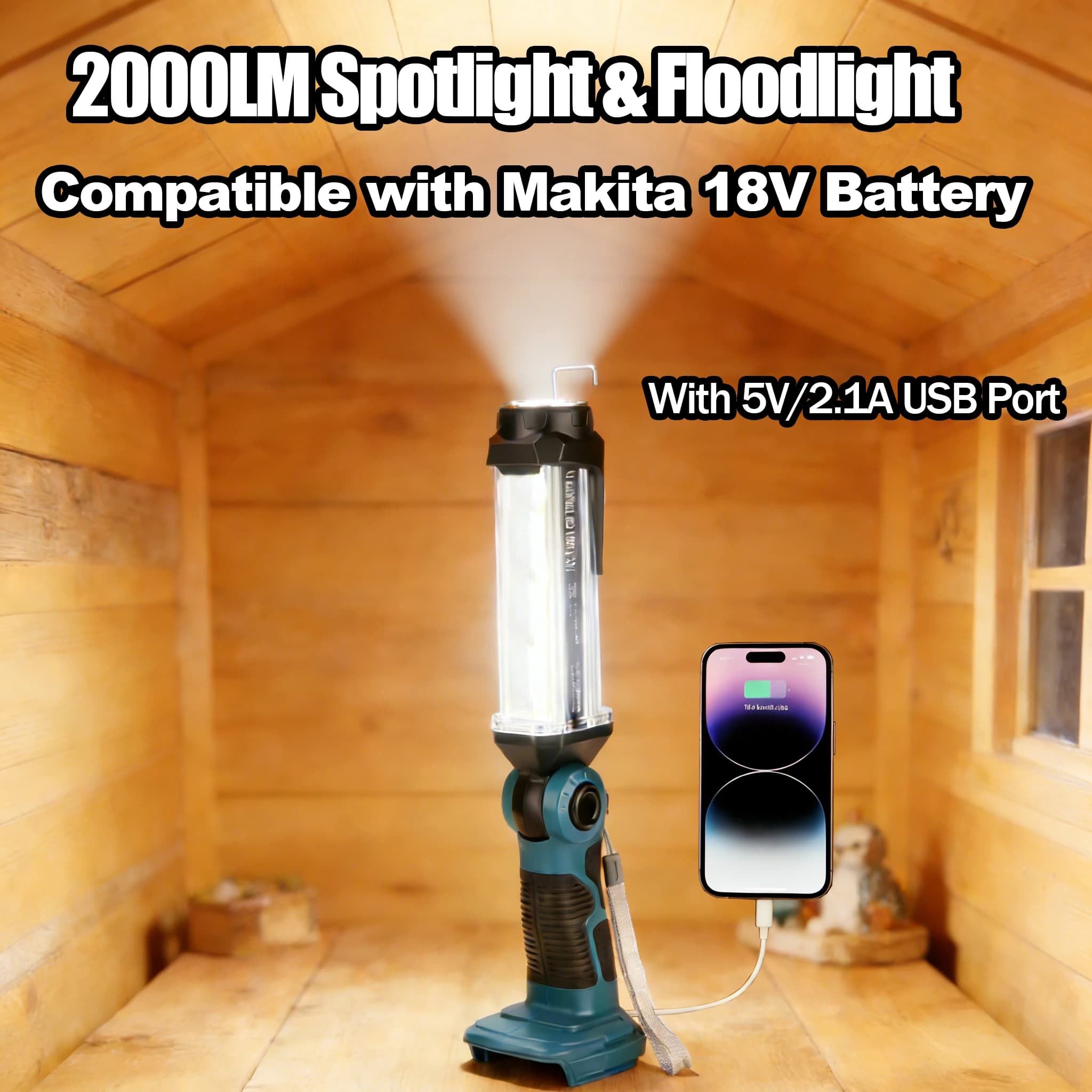 Wireless Portable Flashlight for Battery Makita 18V Li-ion, LED Light 2000LM, Workbench with USB for Repair and Camping