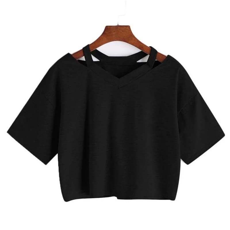 T-shirt da donna allentata a maniche corte con scollo a v e scollo a v sexy con spalle scoperte in tinta unita europea e americana