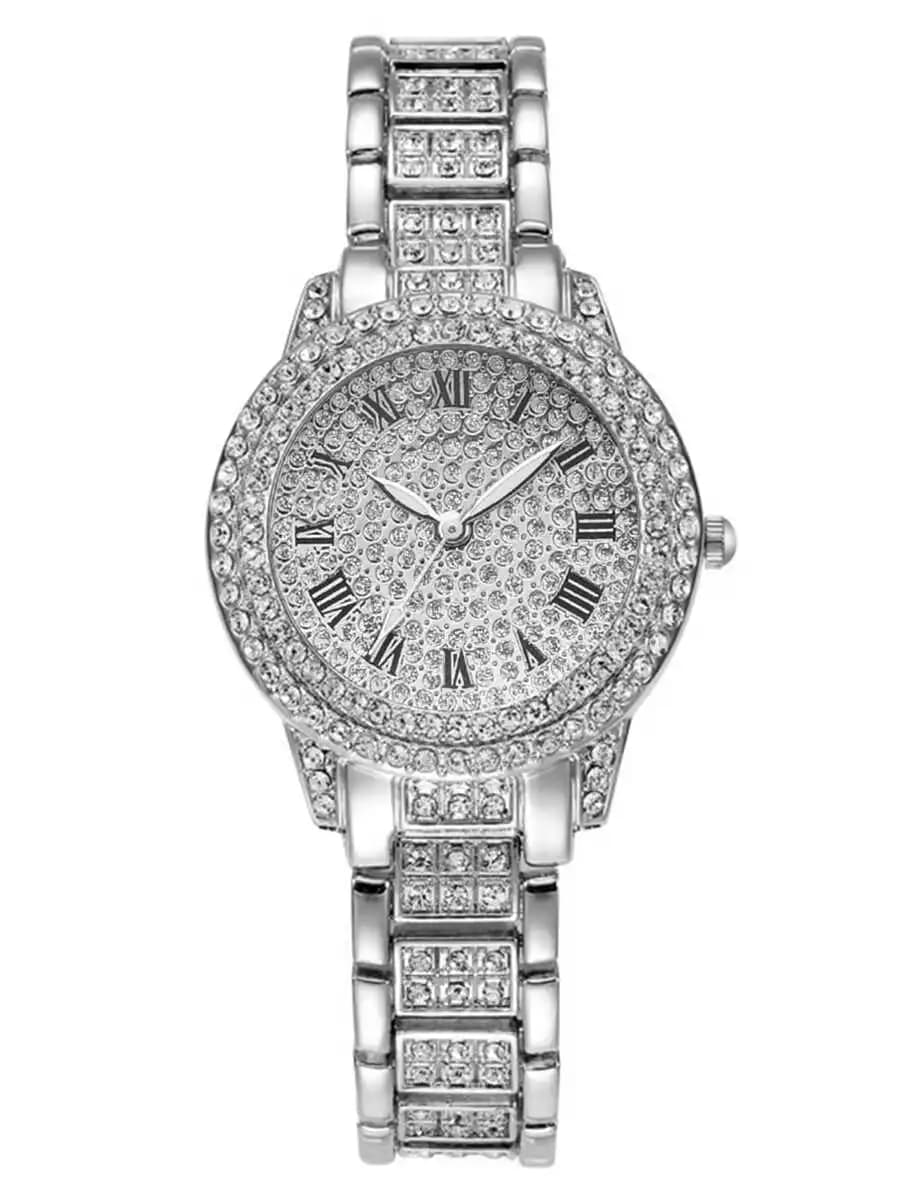 Orologio da donna al quarzo con strass, quadrante romano, cinturino in acciaio legato, casual ed elegante