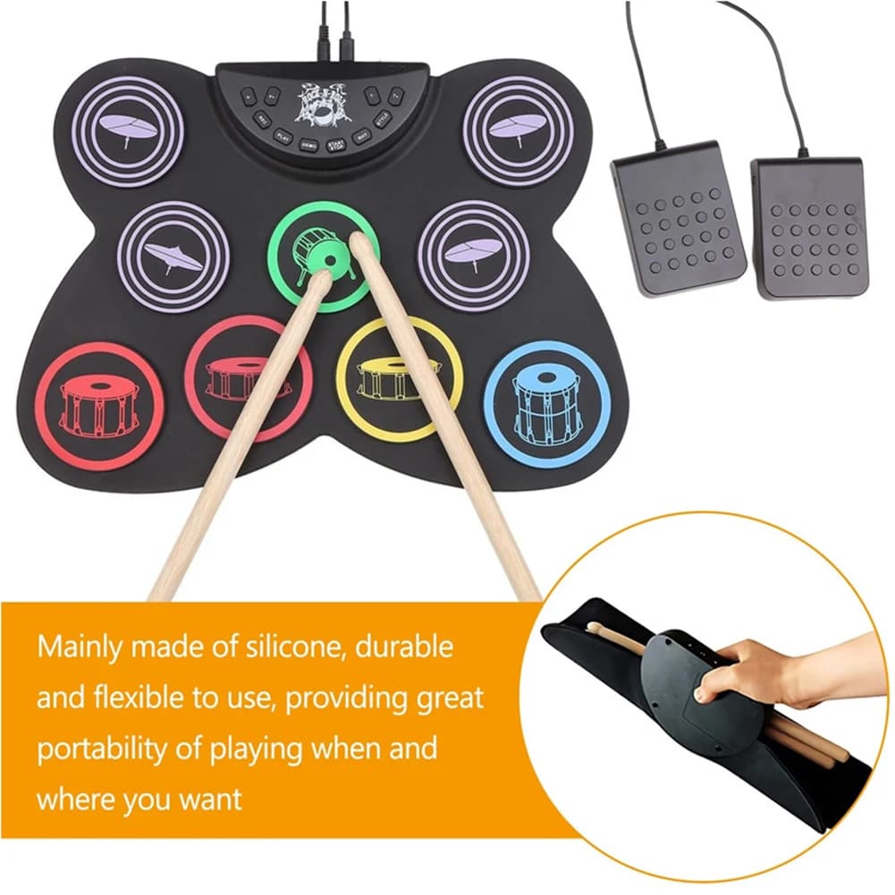 Controller per pedale per batteria arrotolabile Tappetino per pratica batteria USB con bacchette Sensibilità al tocco Ottimo regalo di compleanno per le vacanze per bambini
