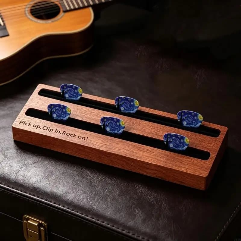 Scatola compatta per plettri per chitarra con custodia portatile in legno con apertura per facile accesso