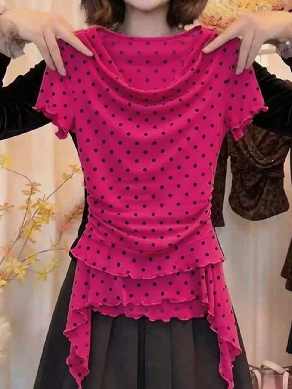 Summer Polka Dot Halter Neck Short Sleeve Women's T-Shirt Slimming Waist Design Lace Trim High Waist Casual Style Top