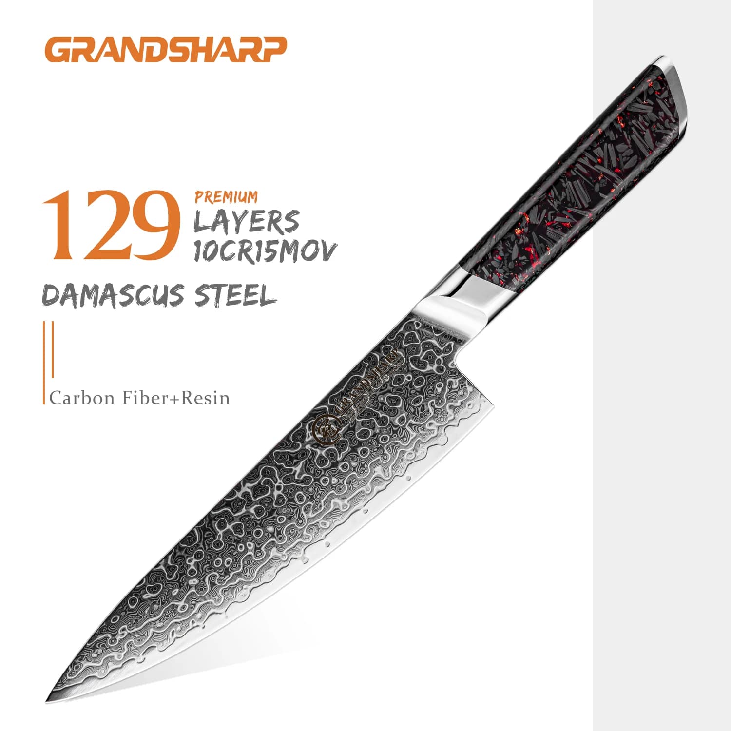 Coltello da chef Grandsharp 8'' in acciaio Damasco a 129 strati con nucleo in 10Cr15MoV, manico in fibra di carbonio e resina per tagliare carne e verdure
