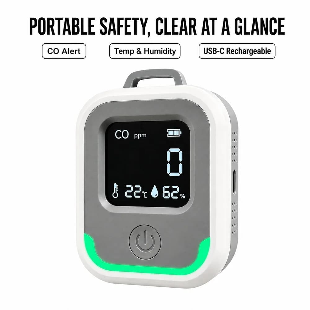 Rechargeable Carbon Monoxide Alarm Portable CO Detector with Digital Temperature Humidity Monitor for Camping RV Kitchen Bedroom