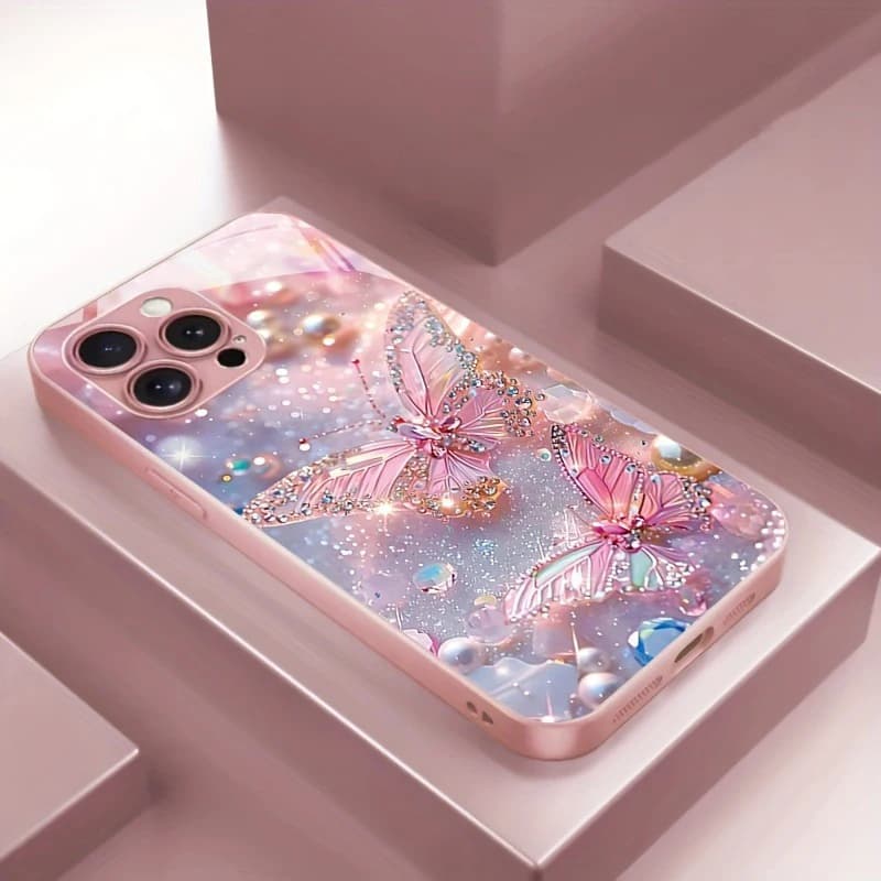 Glass phone case with metallic pink paint with luxury butterfly pattern for iPhone 11 12 13 14 15 16 17 Pro Max Plus 16E 17Air Cover