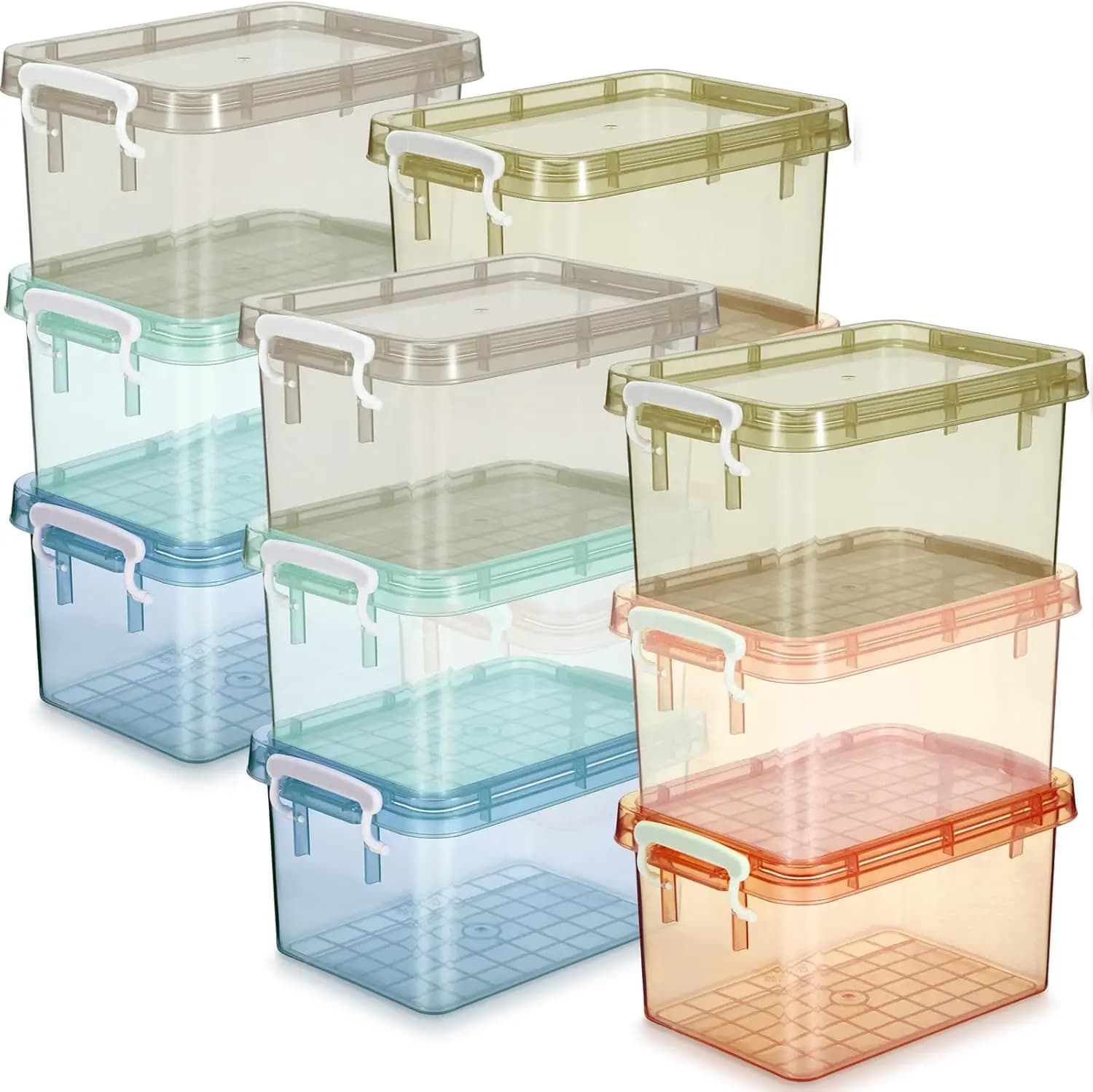 Set di 12 Contenitori Colorati in Plastica con Coperchi, Scatole Organizzative Trasparenti da 4 Quarti Impilabili con Maniglia